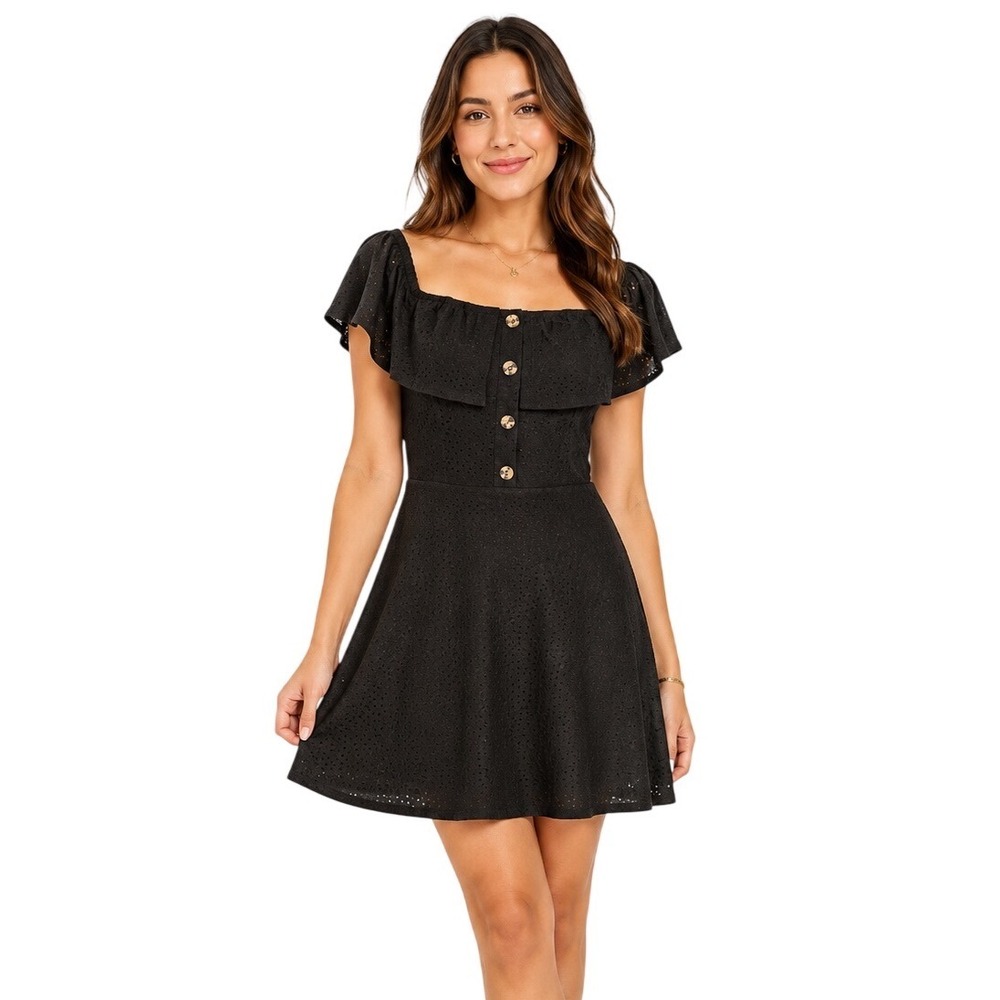Speechless L Black Eyelet Babydoll Off Shoulder Ruffle Mini Dress Coquette Boho